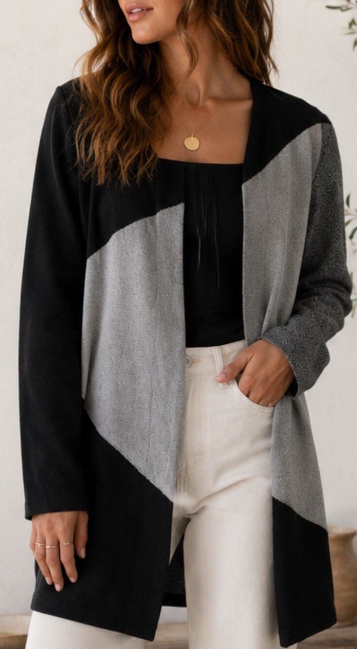 Ann Taylor Asymmetric Open Front Cardigan Color Block Sz M Sweater Black Beige